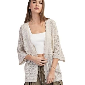 New! Women's Oatmeal Crochet Half Sleeve Cozy Stylish Open-Knit Cardigan
